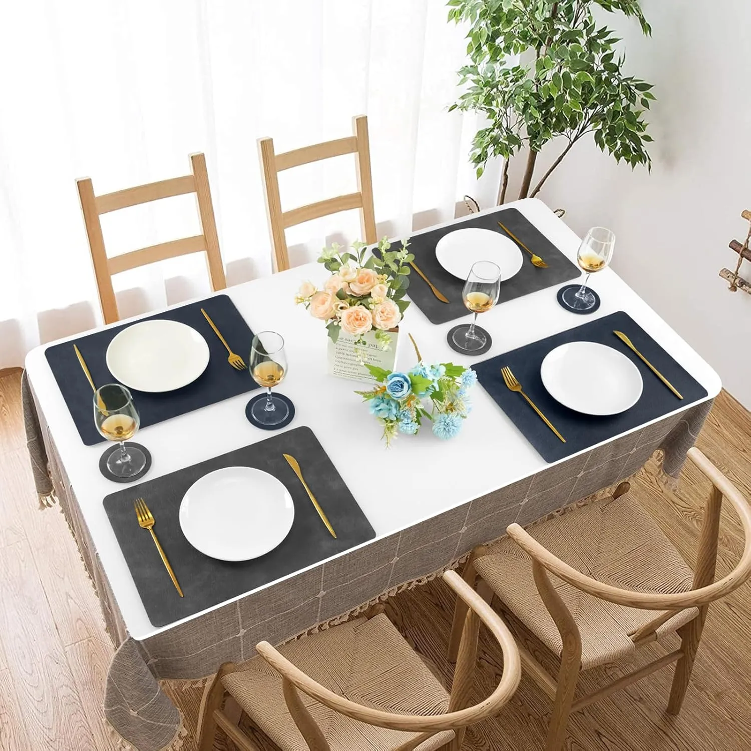 Faux Leather Placemats and Coasters, Washable Reversible Placemats Set of 4 Cowhide Pattern Place Mats Waterproof Non-Slip Kitchen Dining Table Mats Drink Coasters (Gray Dark Blue, 4)