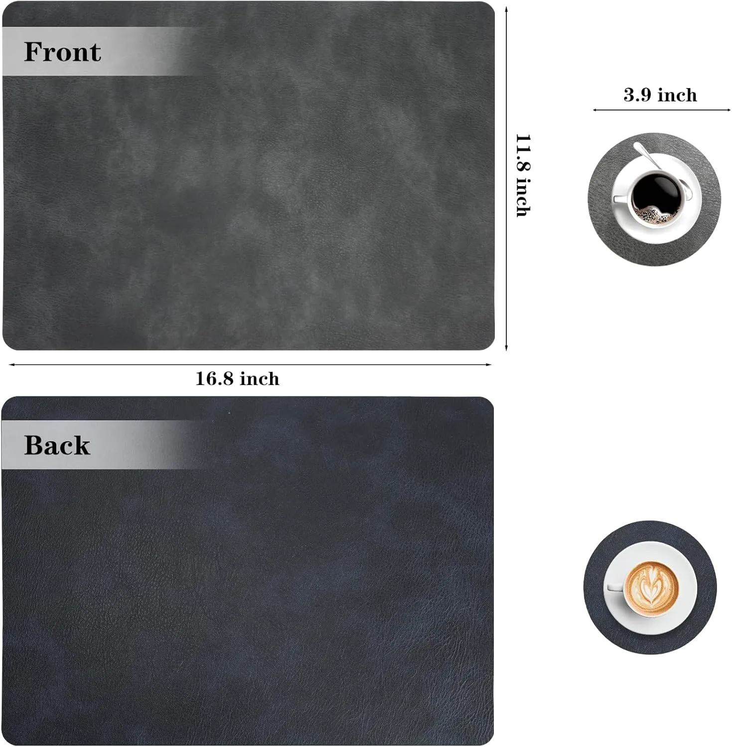 Faux Leather Placemats and Coasters, Washable Reversible Placemats Set of 4 Cowhide Pattern Place Mats Waterproof Non-Slip Kitchen Dining Table Mats Drink Coasters (Gray Dark Blue, 4)