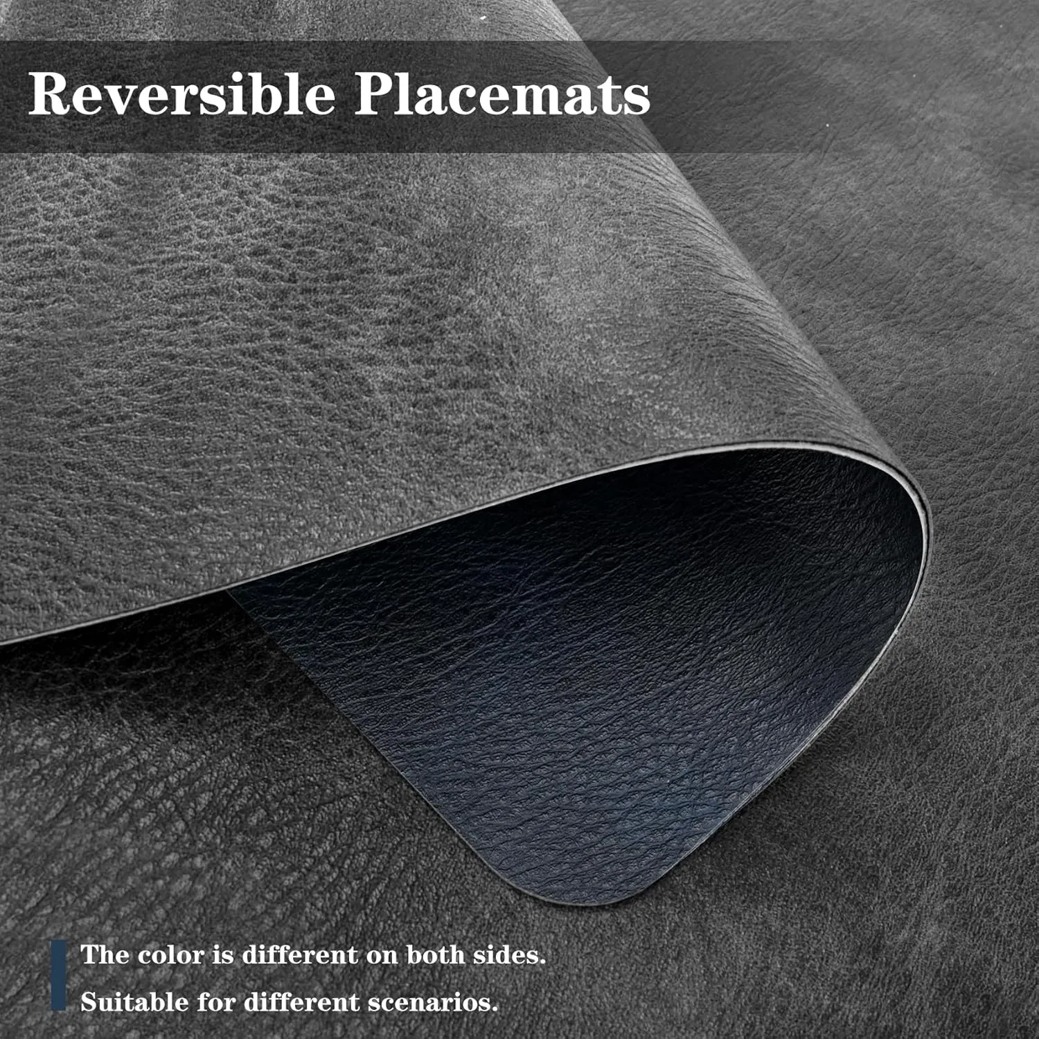 Faux Leather Placemats and Coasters, Washable Reversible Placemats Set of 4 Cowhide Pattern Place Mats Waterproof Non-Slip Kitchen Dining Table Mats Drink Coasters (Gray Dark Blue, 4)