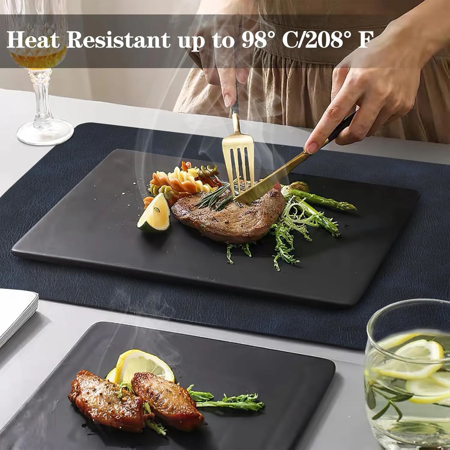 Faux Leather Placemats and Coasters, Washable Reversible Placemats Set of 4 Cowhide Pattern Place Mats Waterproof Non-Slip Kitchen Dining Table Mats Drink Coasters (Gray Dark Blue, 4)