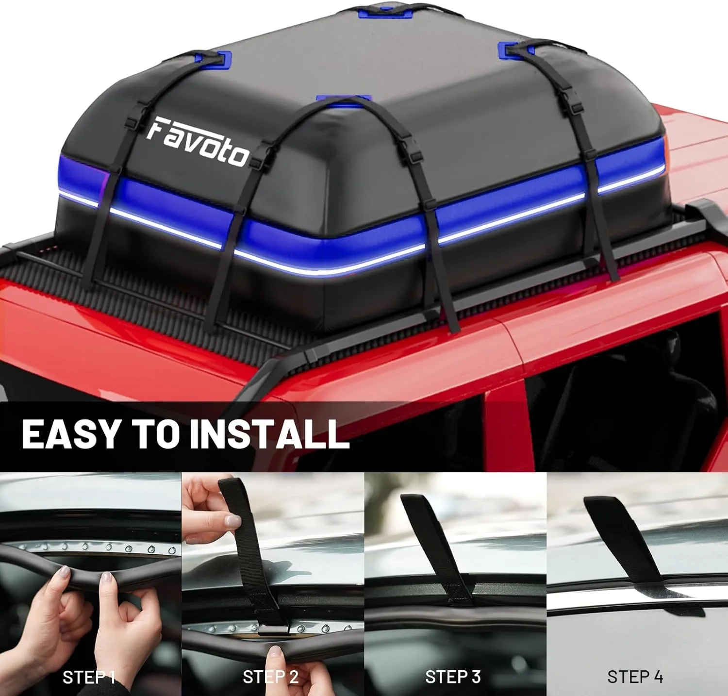 Favoto Car Rooftop Cargo Carrier - Waterproof Roof Bag for All Cars - 15 Cubic Feet Large Capacity 500D Durable PVC Material - Include Anti-Slip Mat 8 Reinforced Straps, Black & Blue