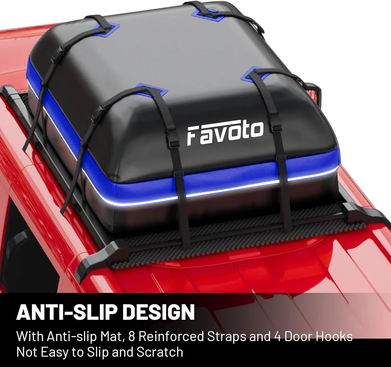 Favoto Car Rooftop Cargo Carrier - Waterproof Roof Bag for All Cars - 15 Cubic Feet Large Capacity 500D Durable PVC Material - Include Anti-Slip Mat 8 Reinforced Straps, Black & Blue