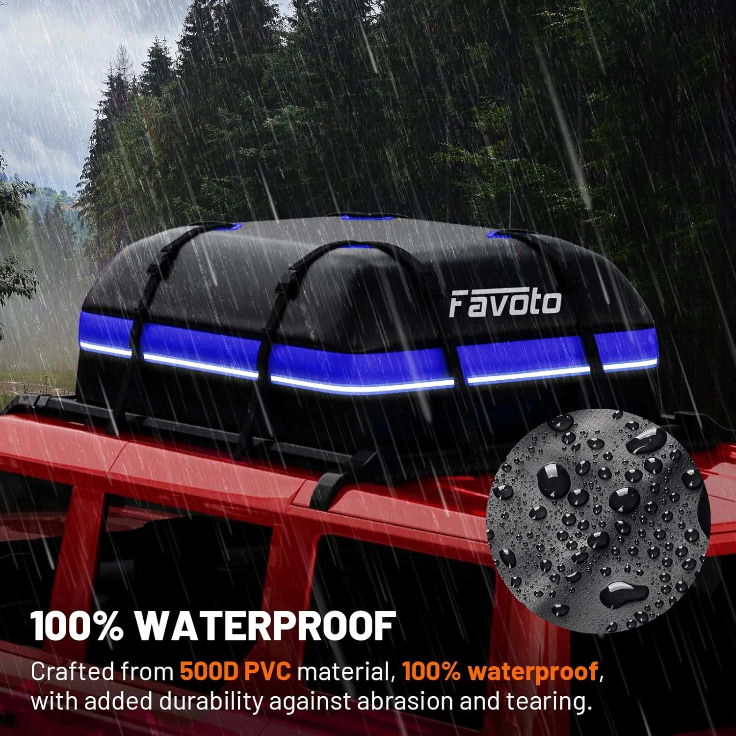Favoto Car Rooftop Cargo Carrier - Waterproof Roof Bag for All Cars - 15 Cubic Feet Large Capacity 500D Durable PVC Material - Include Anti-Slip Mat 8 Reinforced Straps, Black & Blue