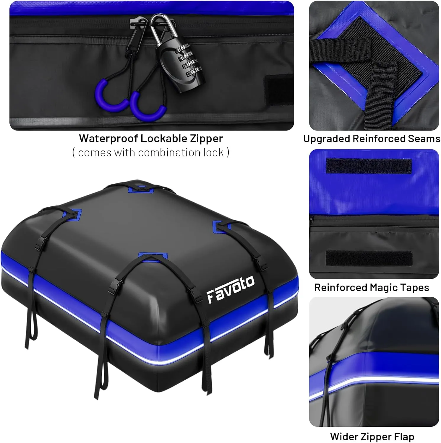 Favoto Car Rooftop Cargo Carrier - Waterproof Roof Bag for All Cars - 15 Cubic Feet Large Capacity 500D Durable PVC Material - Include Anti-Slip Mat 8 Reinforced Straps, Black & Blue