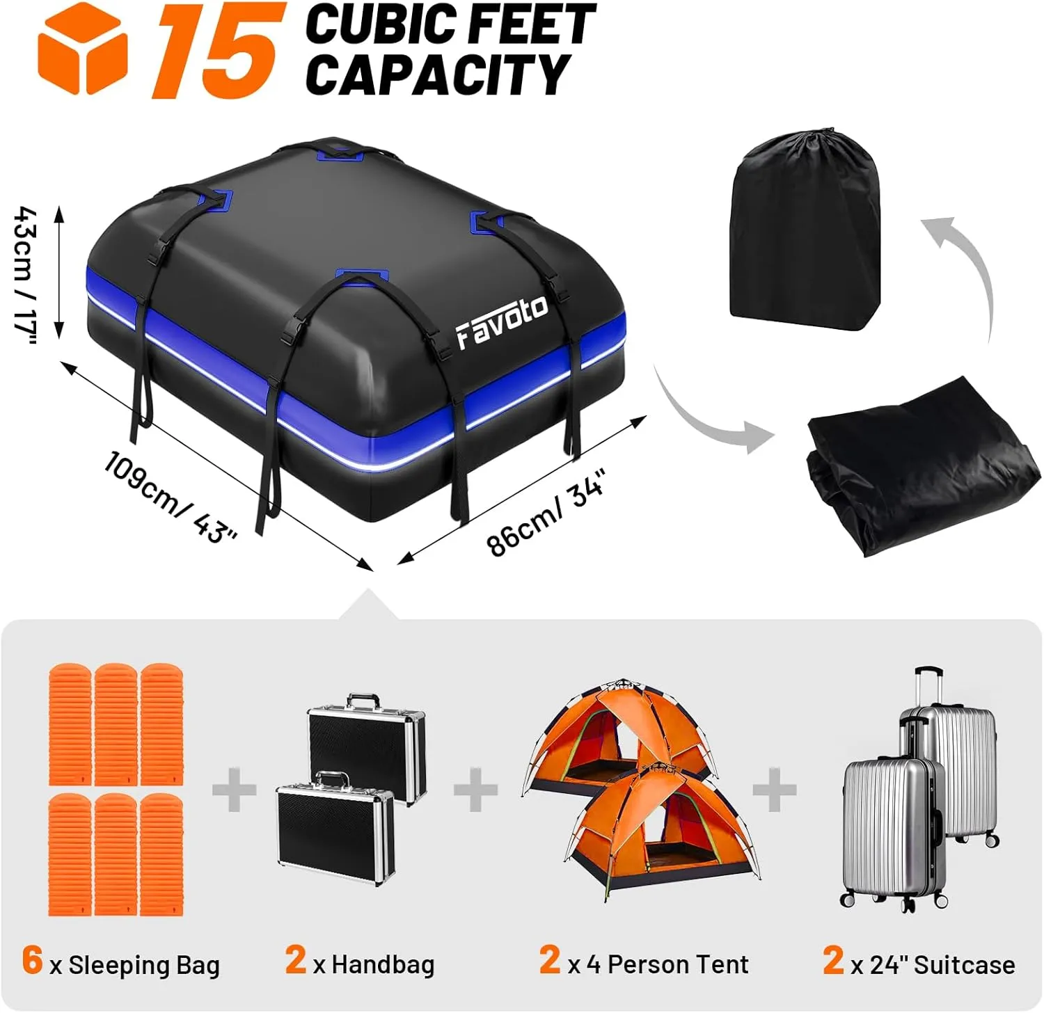 Favoto Car Rooftop Cargo Carrier - Waterproof Roof Bag for All Cars - 15 Cubic Feet Large Capacity 500D Durable PVC Material - Include Anti-Slip Mat 8 Reinforced Straps, Black & Blue