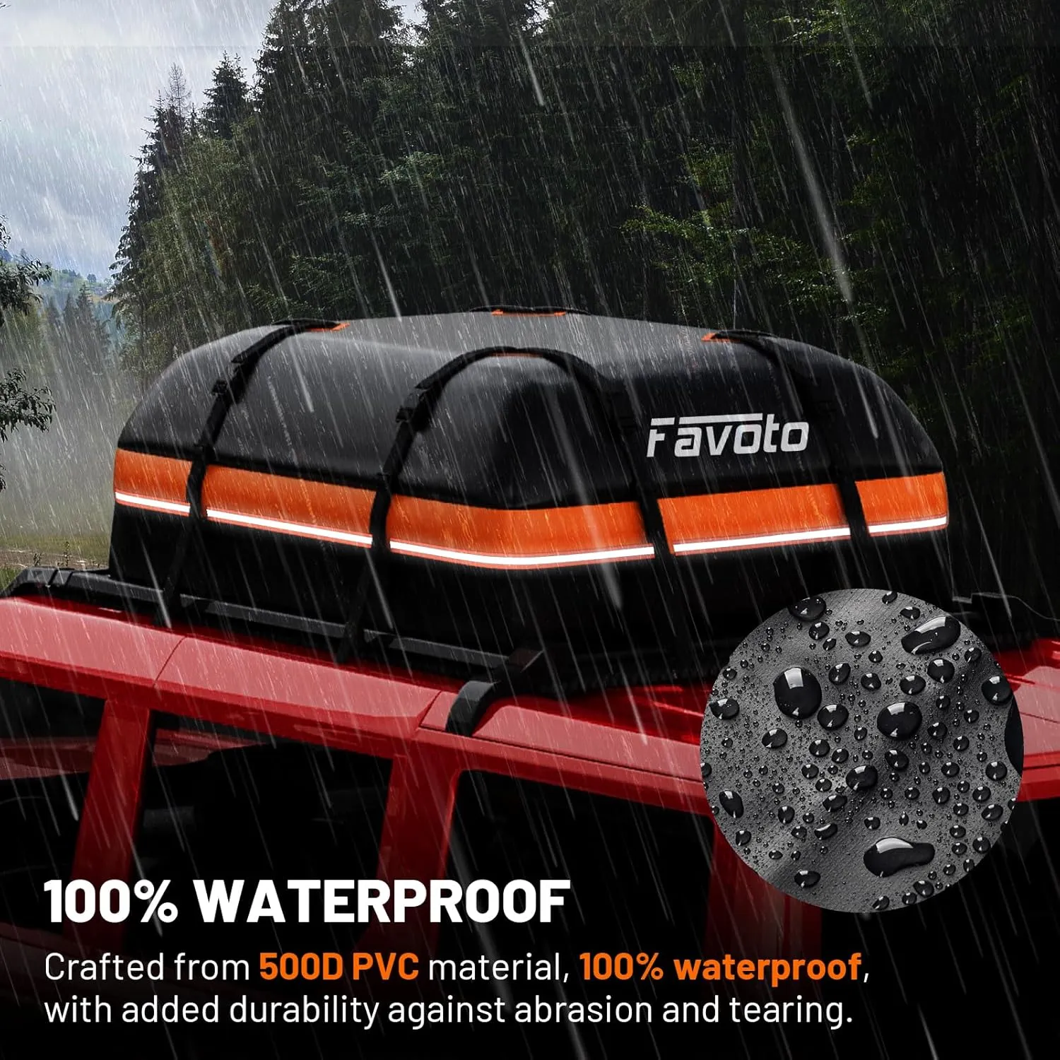 Favoto Car Rooftop Cargo Carrier - Waterproof Roof Bag for All Cars - 15 Cubic Feet Large Capacity 500D Durable PVC Material - Include Anti-Slip Mat 8 Reinforced Straps, Black & Orange