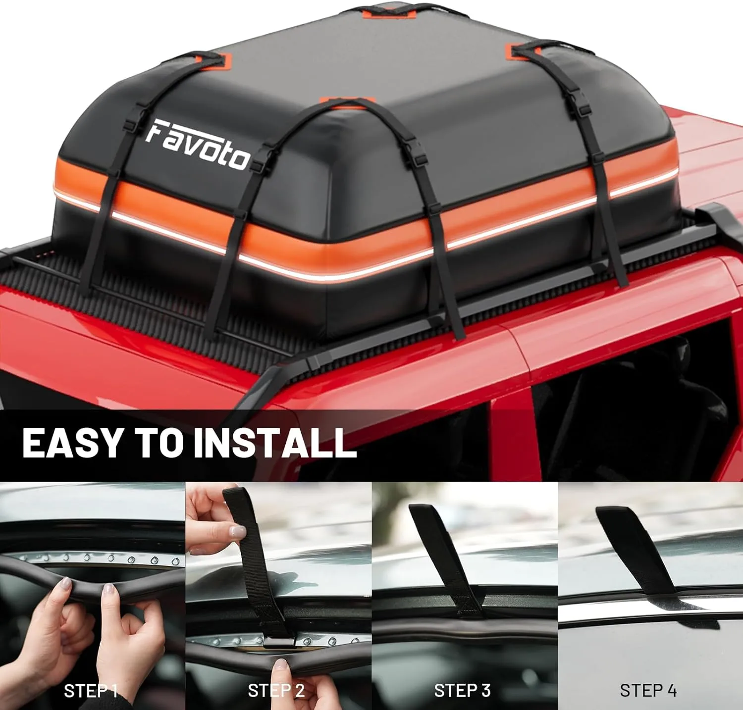 Favoto Car Rooftop Cargo Carrier - Waterproof Roof Bag for All Cars - 15 Cubic Feet Large Capacity 500D Durable PVC Material - Include Anti-Slip Mat 8 Reinforced Straps, Black & Orange