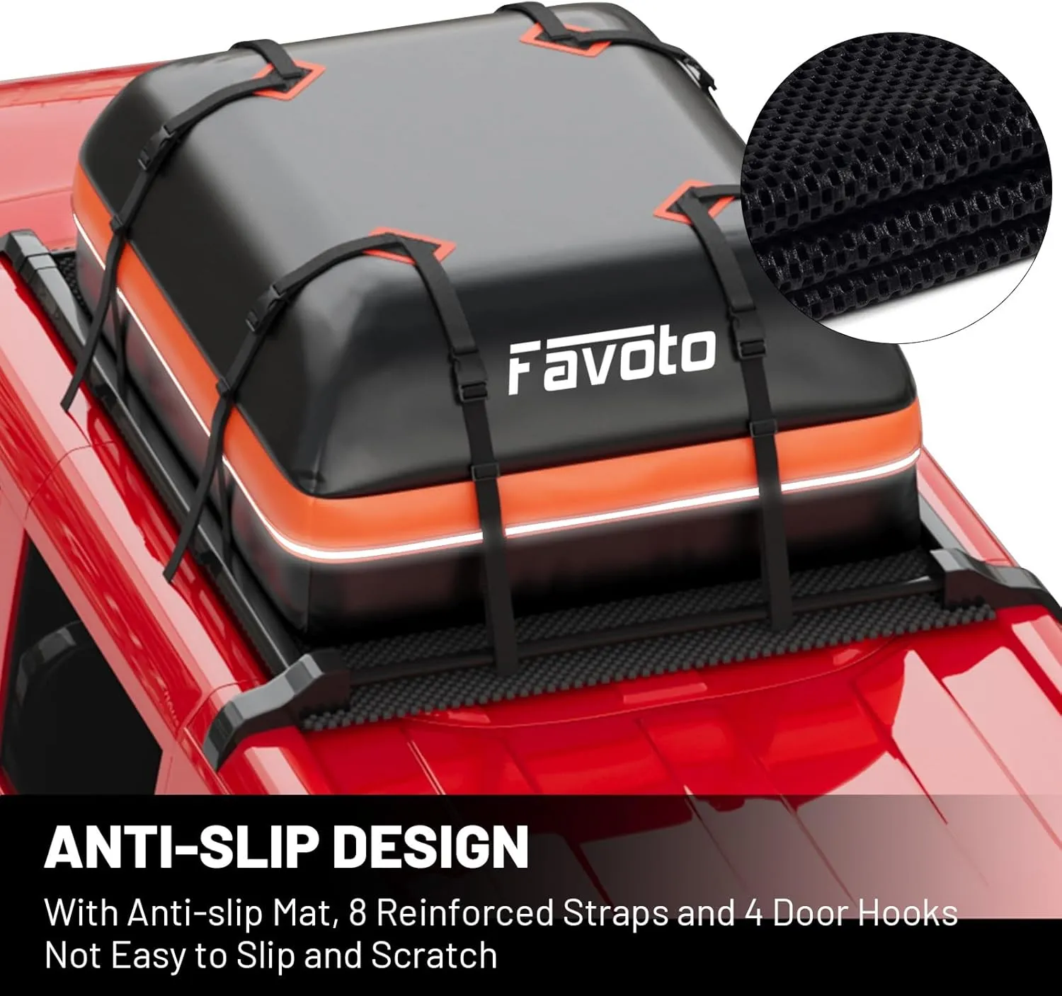 Favoto Car Rooftop Cargo Carrier - Waterproof Roof Bag for All Cars - 15 Cubic Feet Large Capacity 500D Durable PVC Material - Include Anti-Slip Mat 8 Reinforced Straps, Black & Orange