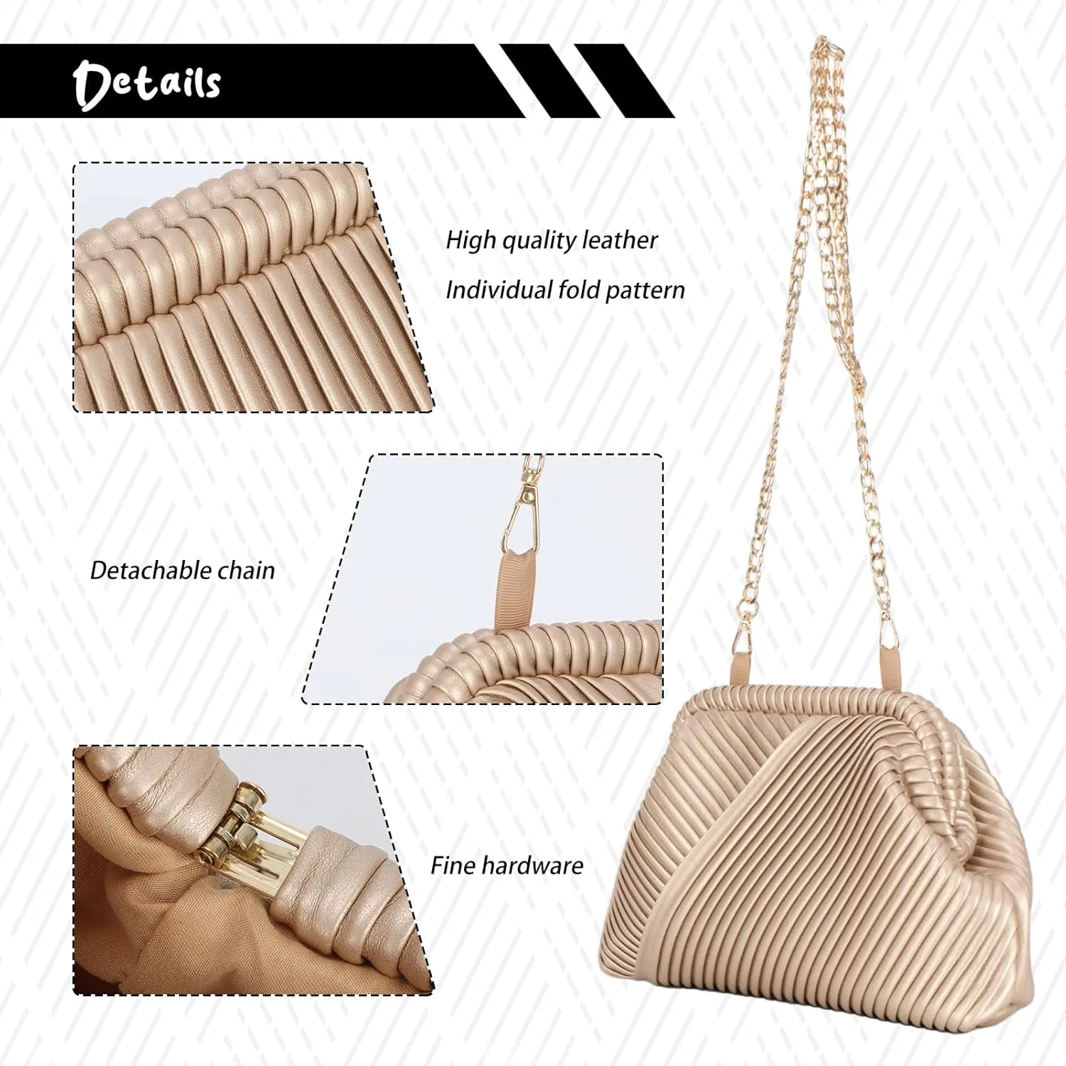 Fecialy Ruched Clutch Purse for Women Formal PU Leather Evening Bag Soft Pleated Handbags with Chain Crossbody Bag