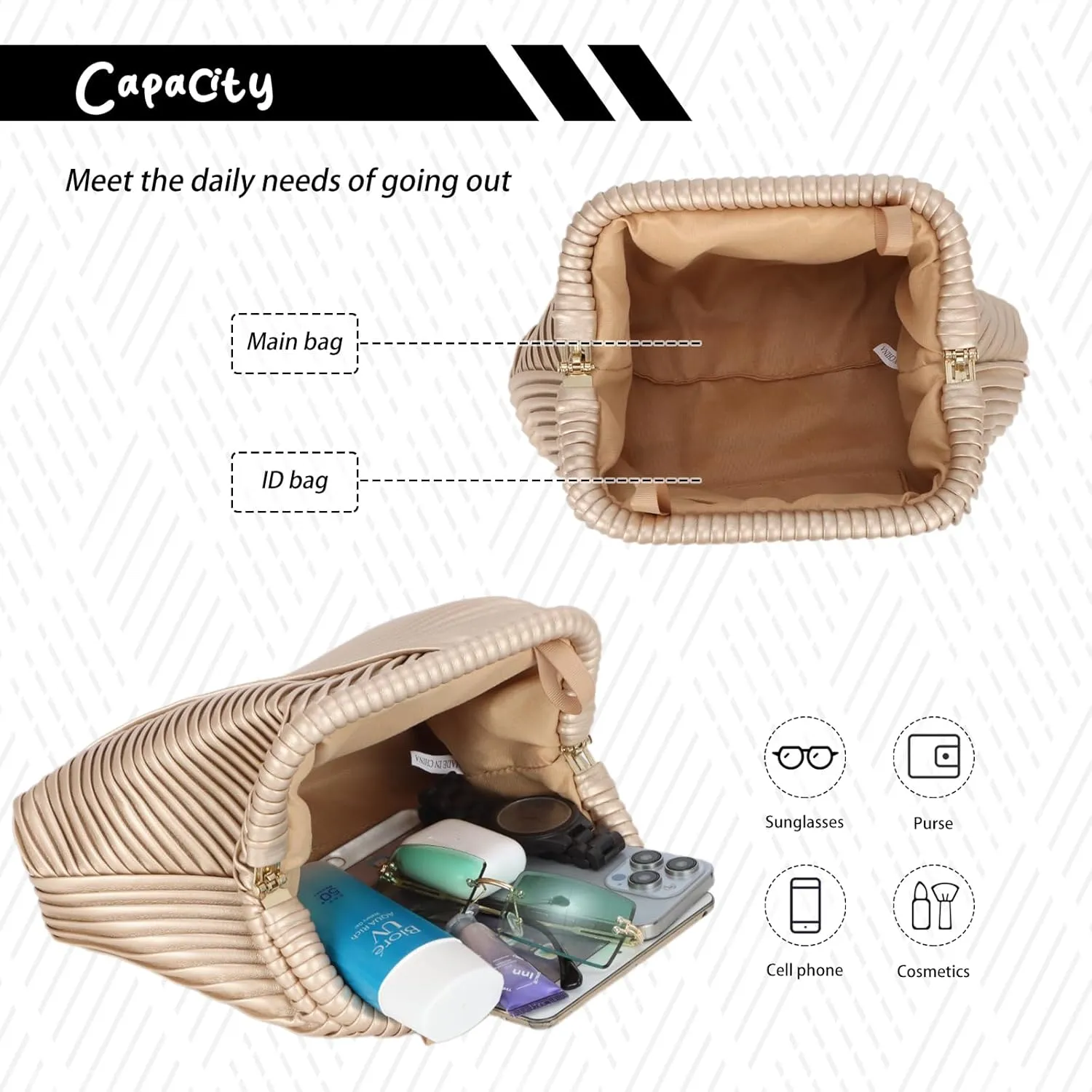 Fecialy Ruched Clutch Purse for Women Formal PU Leather Evening Bag Soft Pleated Handbags with Chain Crossbody Bag