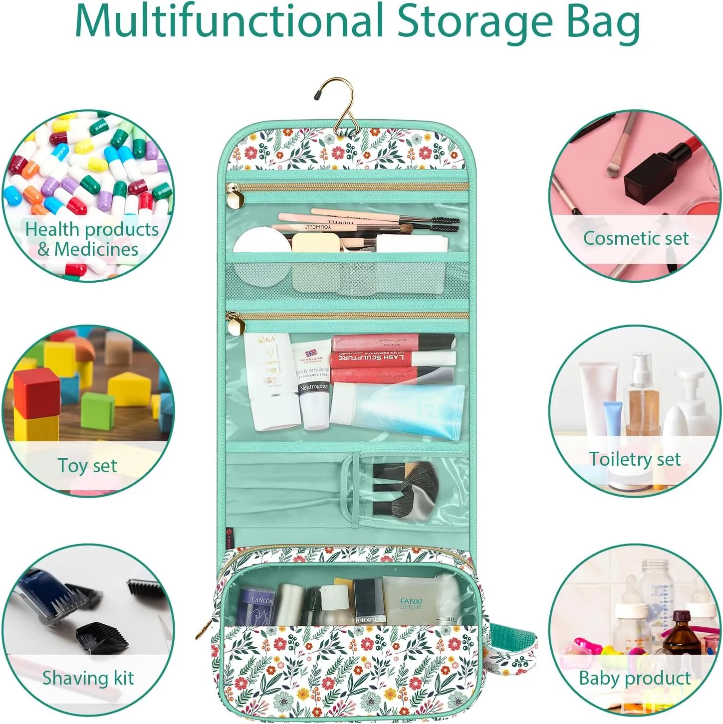 Fintie Portable Toiletry Cosmetic Travel Bag, Large Water Resistant Hanging Makeup Organizer Storage Pouch Case for Women Girls, Spring