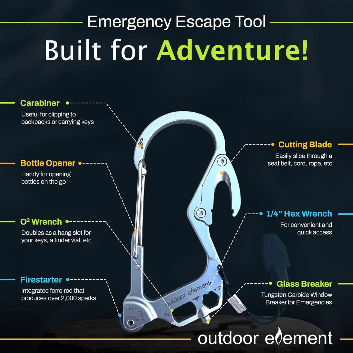 Fire Escape, Emergency Escape Tool, Seatbelt Cutter, Window Breaker, Multi Tool, Fire Starter, Carabiner, and Much More