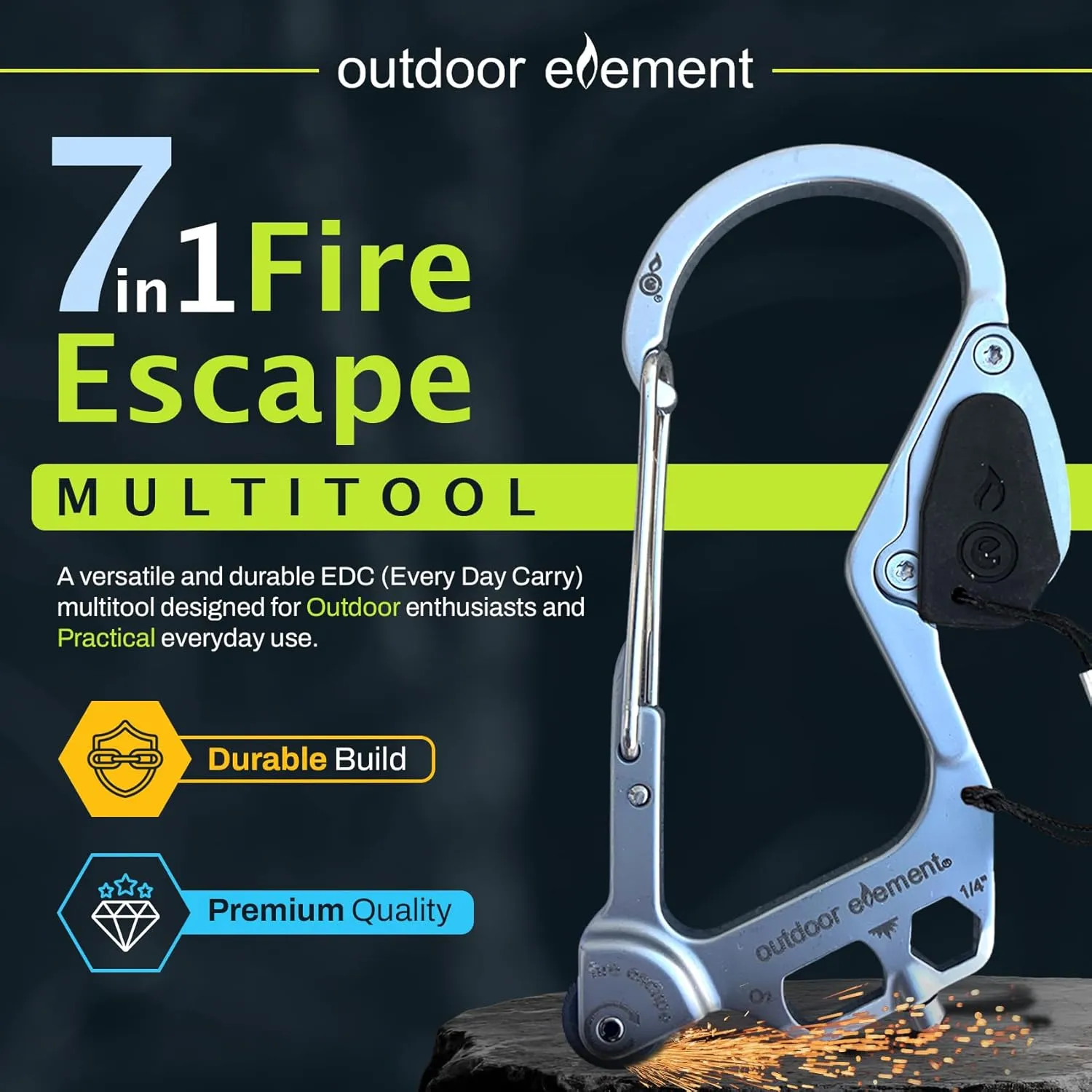 Fire Escape, Emergency Escape Tool, Seatbelt Cutter, Window Breaker, Multi Tool, Fire Starter, Carabiner, and Much More