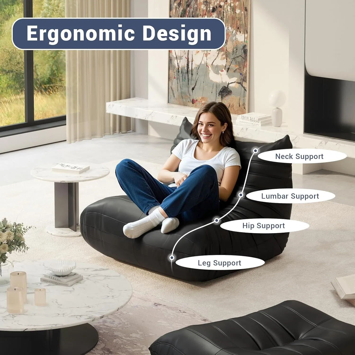 Fireside Chair Lazy Floor Sofa Set, Cozy Memory Foam Bean Bag Chairs, Faux Leather Giant Bean Bag Chair Sofa, Armless Foam Sofa Lounger Tatami Recliner Sofa for Living Room Bedroom Dorm Office
