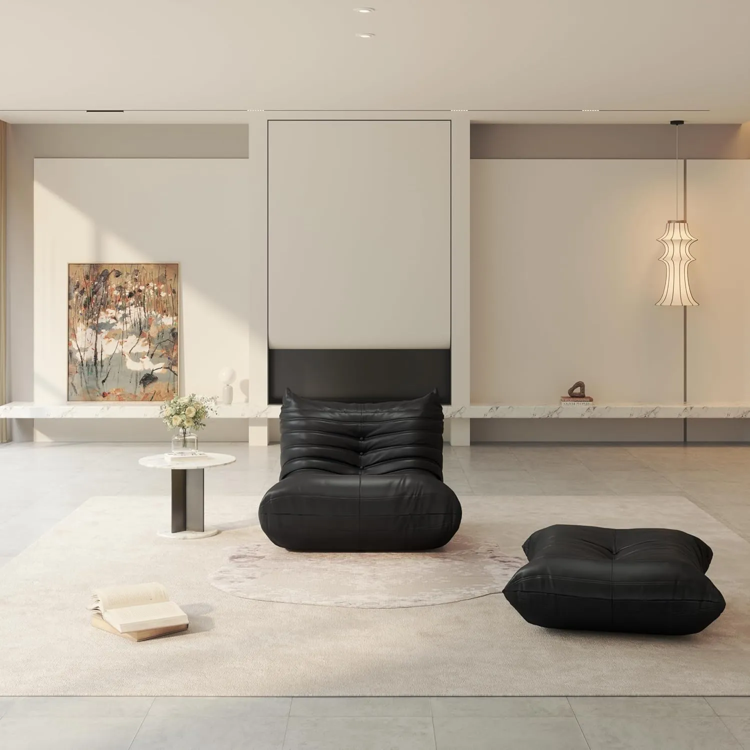 Fireside Chair Lazy Floor Sofa Set, Cozy Memory Foam Bean Bag Chairs, Faux Leather Giant Bean Bag Chair Sofa, Armless Foam Sofa Lounger Tatami Recliner Sofa for Living Room Bedroom Dorm Office