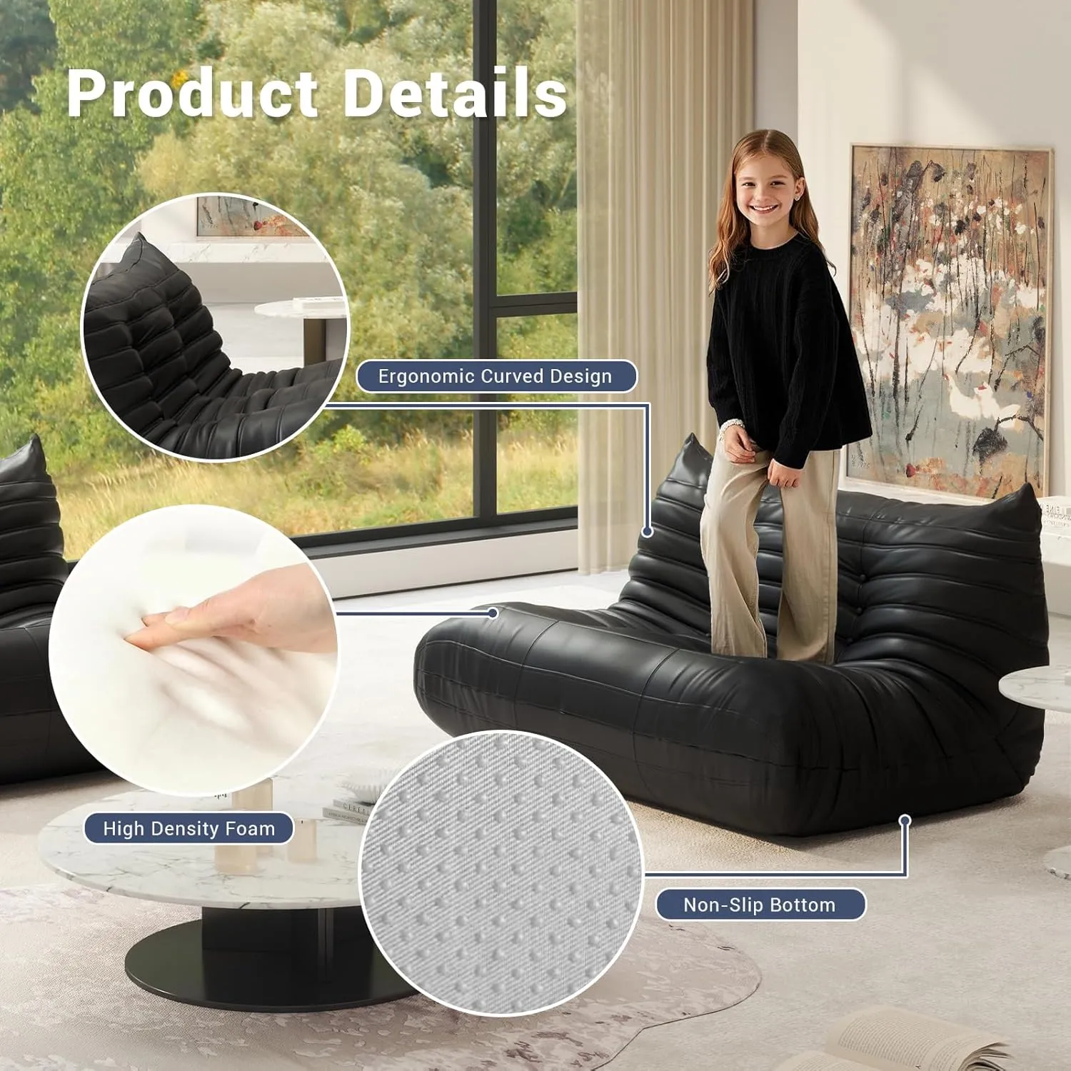 Fireside Chair Lazy Floor Sofa Set, Cozy Memory Foam Bean Bag Chairs, Faux Leather Giant Bean Bag Chair Sofa, Armless Foam Sofa Lounger Tatami Recliner Sofa for Living Room Bedroom Dorm Office