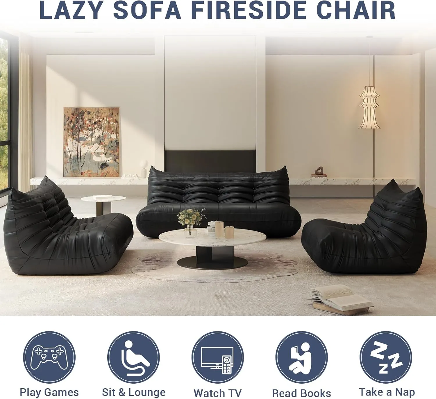 Fireside Chair Lazy Floor Sofa Set, Cozy Memory Foam Bean Bag Chairs, Faux Leather Giant Bean Bag Chair Sofa, Armless Foam Sofa Lounger Tatami Recliner Sofa for Living Room Bedroom Dorm Office