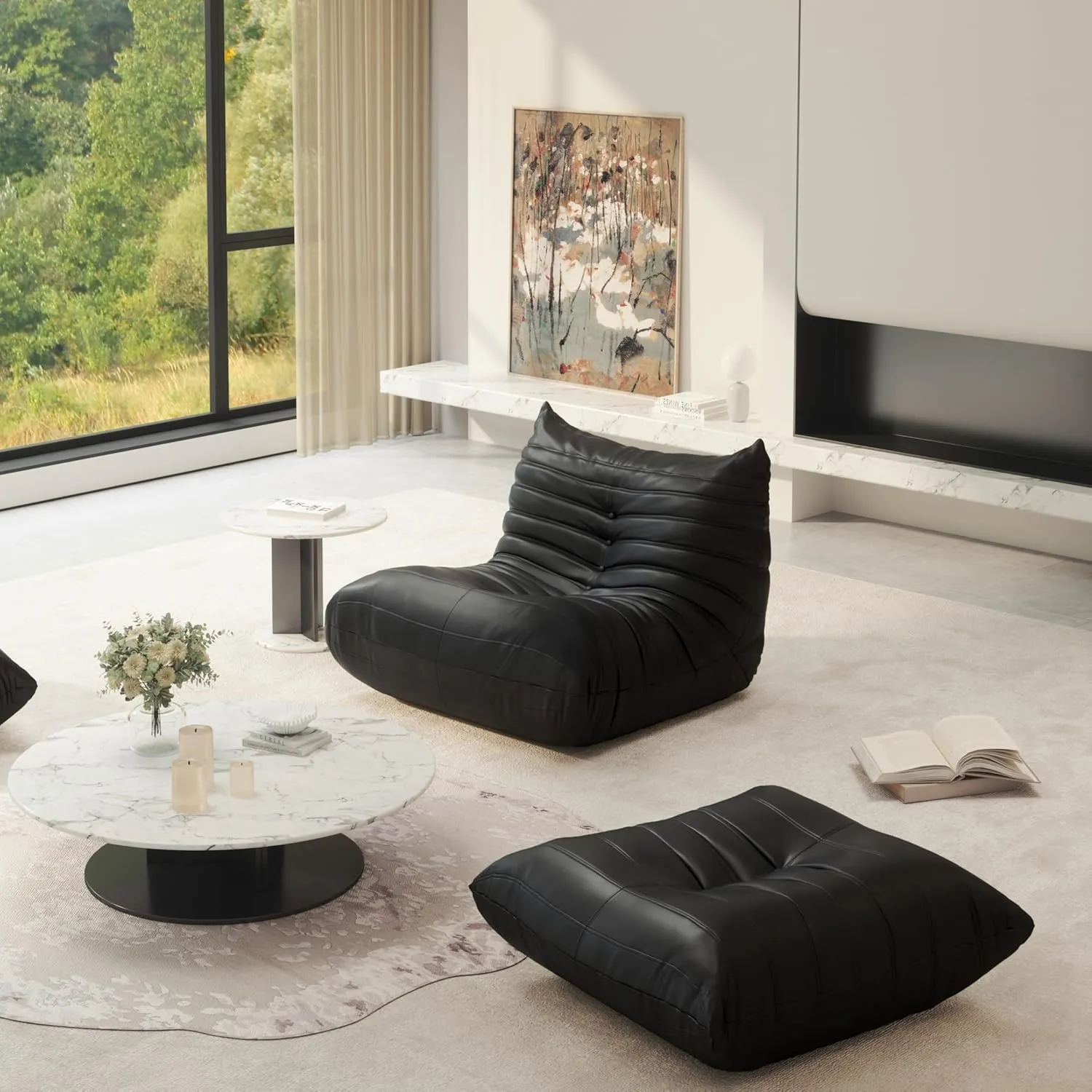 Fireside Chair Lazy Floor Sofa Set, Cozy Memory Foam Bean Bag Chairs, Faux Leather Giant Bean Bag Chair Sofa, Armless Foam Sofa Lounger Tatami Recliner Sofa for Living Room Bedroom Dorm Office