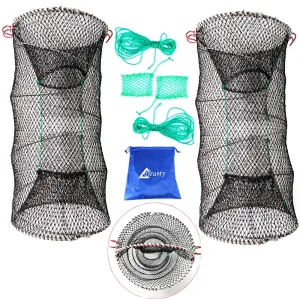 Fishing Crab Trap 2Pcs Portable Crawfish Bait Cage Foldable Shrimp Cast Net 23.6 X 11.8In