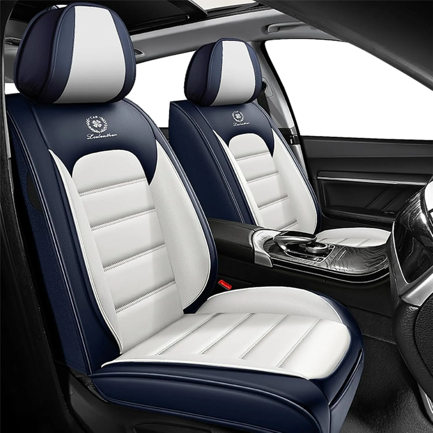 Fit for 98% of Ford Car Seat Covers, Full Surround Faux Leather Anti-Slip Waterproof Auto Seat Cover(Blue&White,Front Set)
