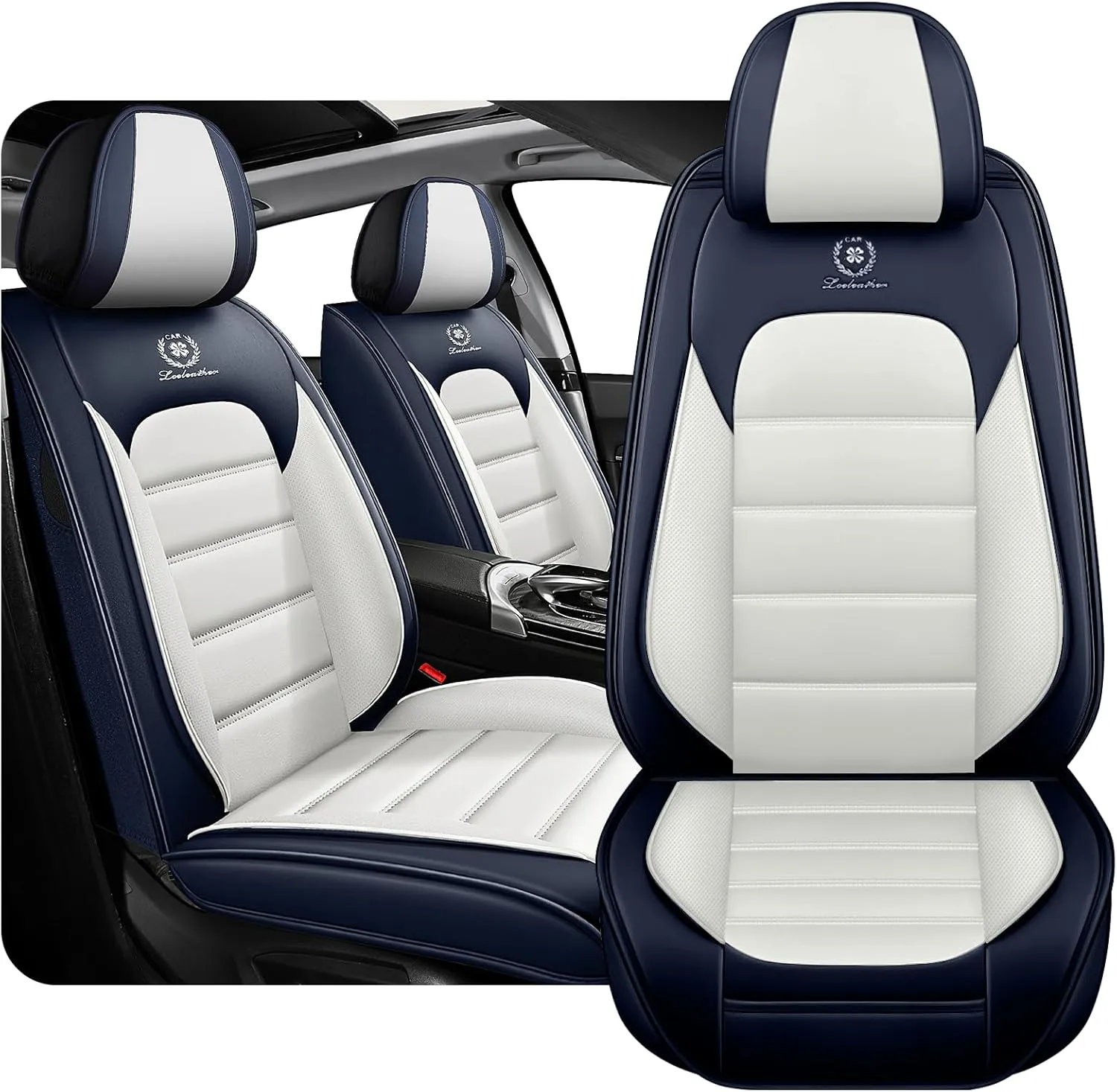 Fit for 98% of Ford Car Seat Covers, Full Surround Faux Leather Anti-Slip Waterproof Auto Seat Cover(Blue&White,Front Set)