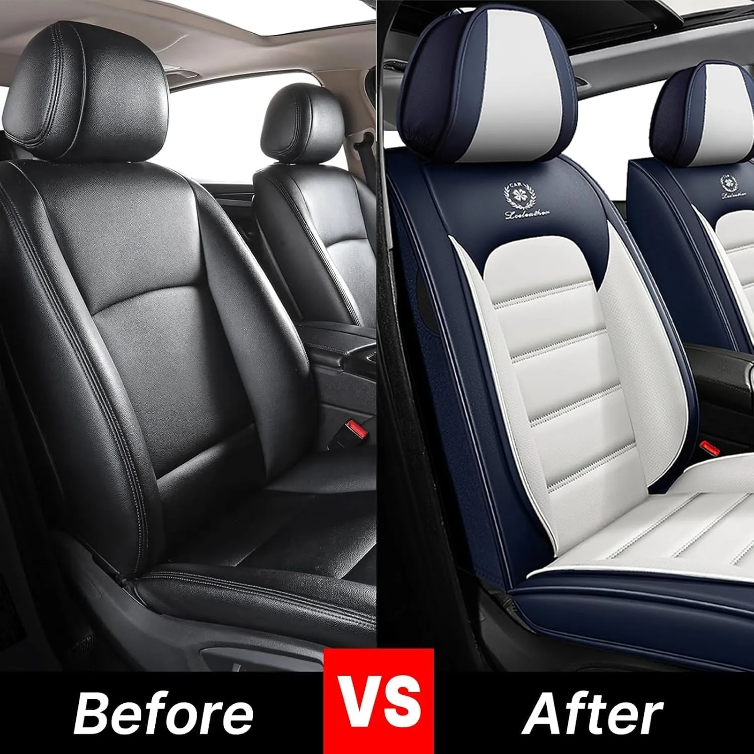 Fit for 98% of Ford Car Seat Covers, Full Surround Faux Leather Anti-Slip Waterproof Auto Seat Cover(Blue&White,Front Set)