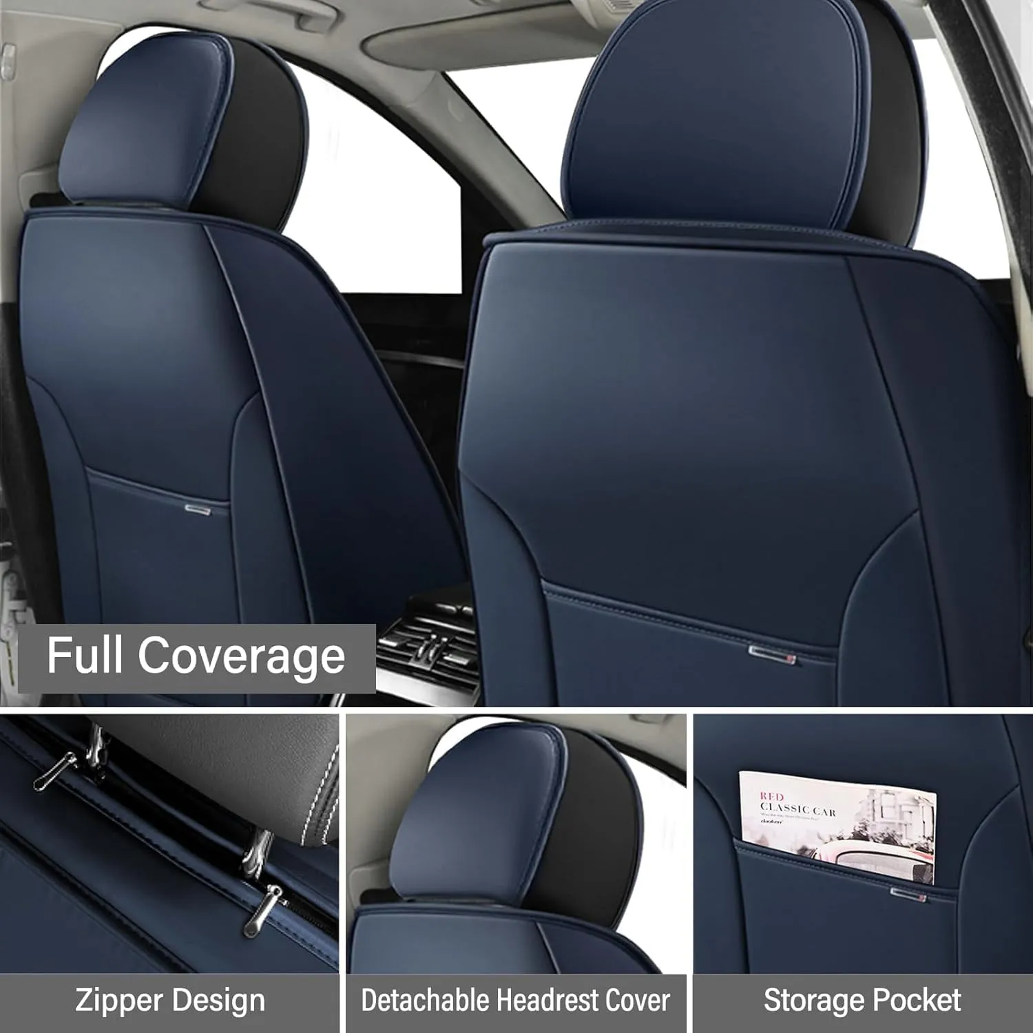 Fit for 98% of Ford Car Seat Covers, Full Surround Faux Leather Anti-Slip Waterproof Auto Seat Cover(Blue&White,Front Set)