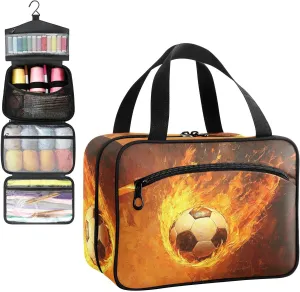 Flaming Football Oil Painting Travel Toiletry Bag, Hanging Toiletry Bag Portable with Zipper, Sewing Storage with 4 Compartment and Hook for women/men Travel/Daily Use