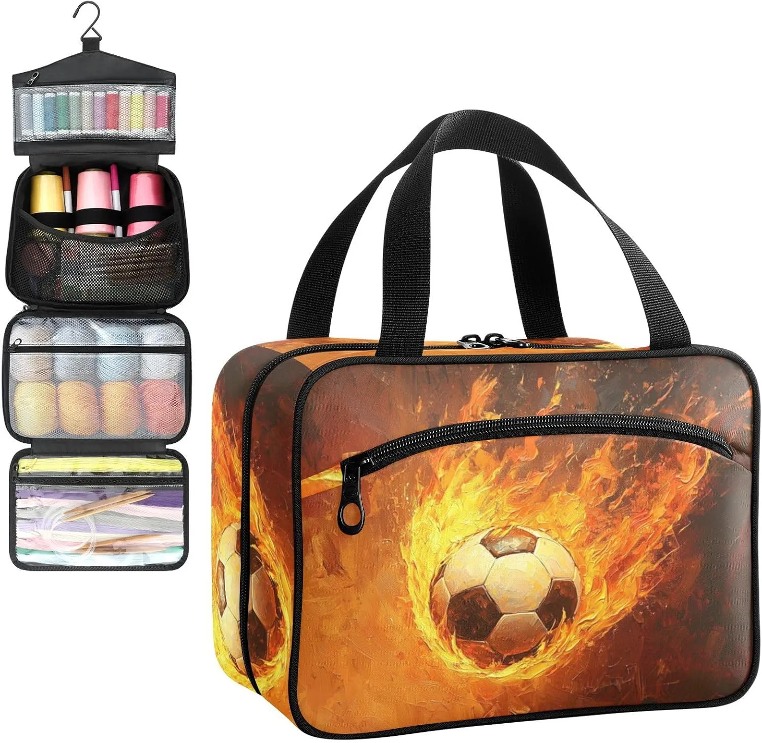 Flaming Football Oil Painting Travel Toiletry Bag, Hanging Toiletry Bag Portable with Zipper, Sewing Storage with 4 Compartment and Hook for women/men Travel/Daily Use