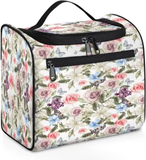 Floral Flower Rose Lily Butterfly Toiletry Bag for Women, Hanging Travel Toiletry Bag, Water-resistant Cosmetic Makeup Organizer for Toiletries and Cosmetics, Bathroom Shower Bag with Handle and Hook