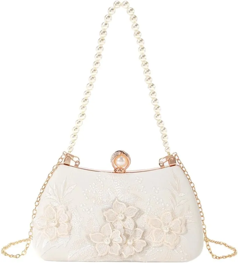 Floral Lace Pearls Top Handle Evening Purse With Detachable Chain Party Handbag Wedding Bridal Shoulder Bag