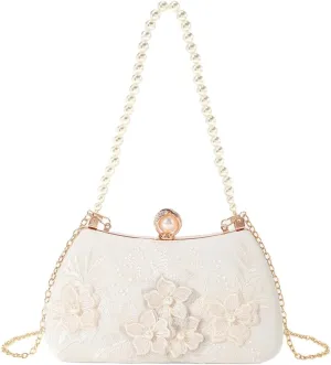 Floral Lace Pearls Top Handle Evening Purse With Detachable Chain Party Handbag Wedding Bridal Shoulder Bag