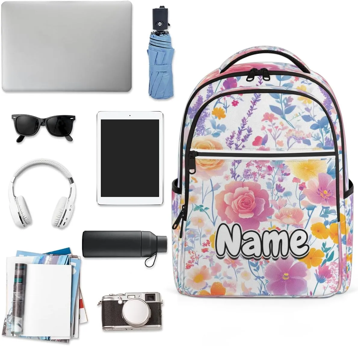 Flower Personalized Laptop Backpack with Name Custom Shoulder Bags for Women Men Waterproof Travel Casual Daypack Laptop Bag Gifts 16.1in