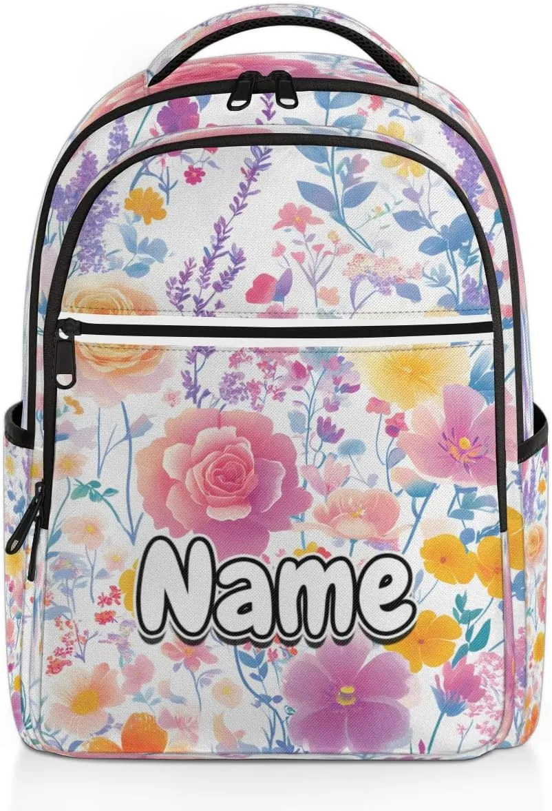 Flower Personalized Laptop Backpack with Name Custom Shoulder Bags for Women Men Waterproof Travel Casual Daypack Laptop Bag Gifts 16.1in