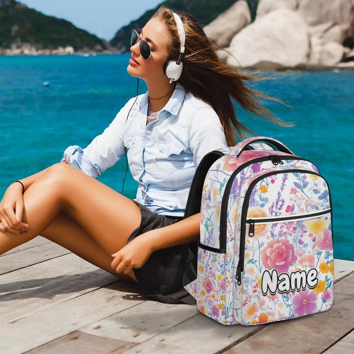 Flower Personalized Laptop Backpack with Name Custom Shoulder Bags for Women Men Waterproof Travel Casual Daypack Laptop Bag Gifts 16.1in