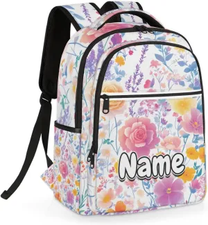 Flower Personalized Laptop Backpack with Name Custom Shoulder Bags for Women Men Waterproof Travel Casual Daypack Laptop Bag Gifts 16.1in