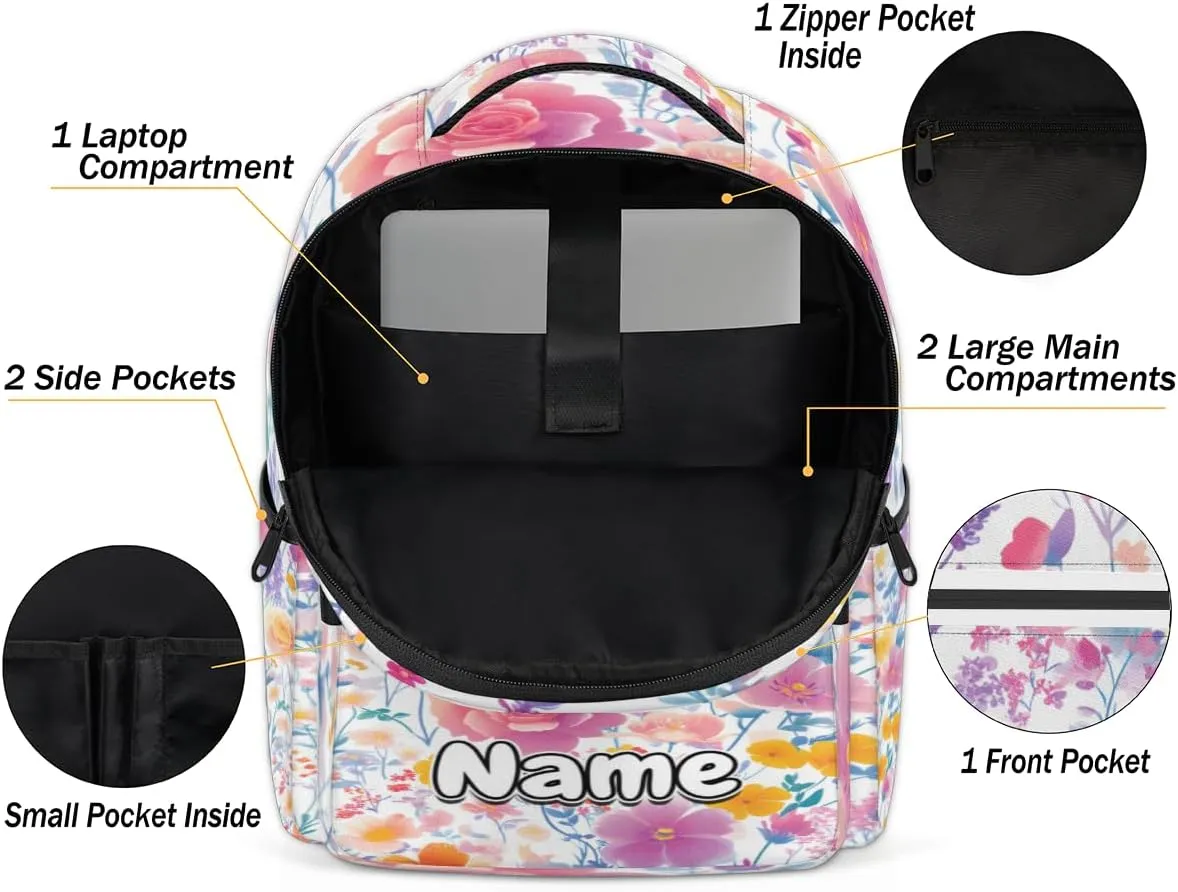 Flower Personalized Laptop Backpack with Name Custom Shoulder Bags for Women Men Waterproof Travel Casual Daypack Laptop Bag Gifts 16.1in