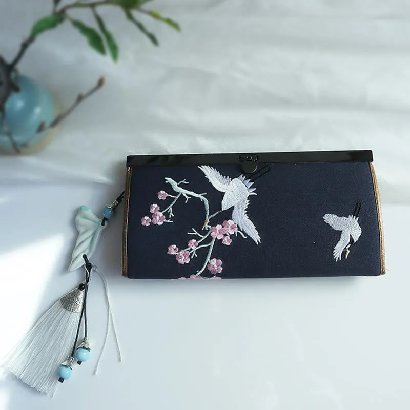 Flower Plum Peach Blossom Bamboo Double-sided Embroidery Large Capacity Cash Holder Wallet Shopping Purse