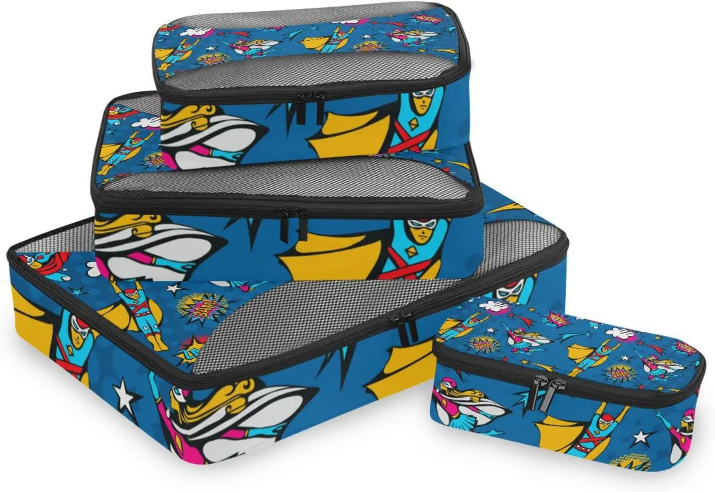 Flying Superheroes Speech Bubbles in Pop Art Comic Style on Blue 4 PCs Set Packing Bags, Luggage Organizer Bag, Portable Cube Toiletry bag, Durable Travel Cosmetic Storage Bag for Men Women
