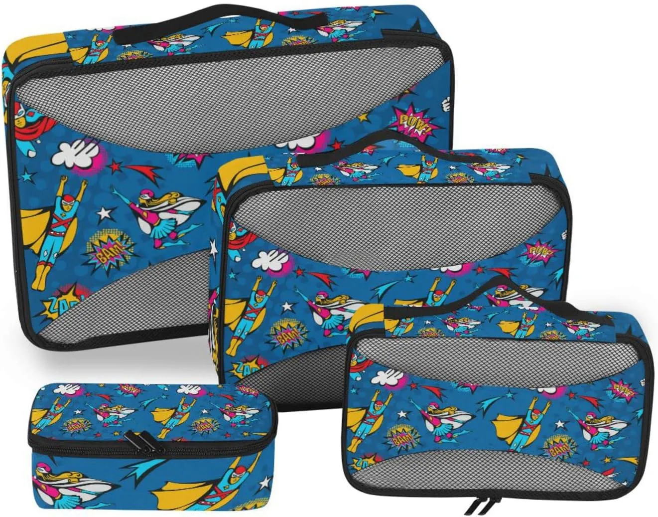 Flying Superheroes Speech Bubbles in Pop Art Comic Style on Blue 4 PCs Set Packing Bags, Luggage Organizer Bag, Portable Cube Toiletry bag, Durable Travel Cosmetic Storage Bag for Men Women