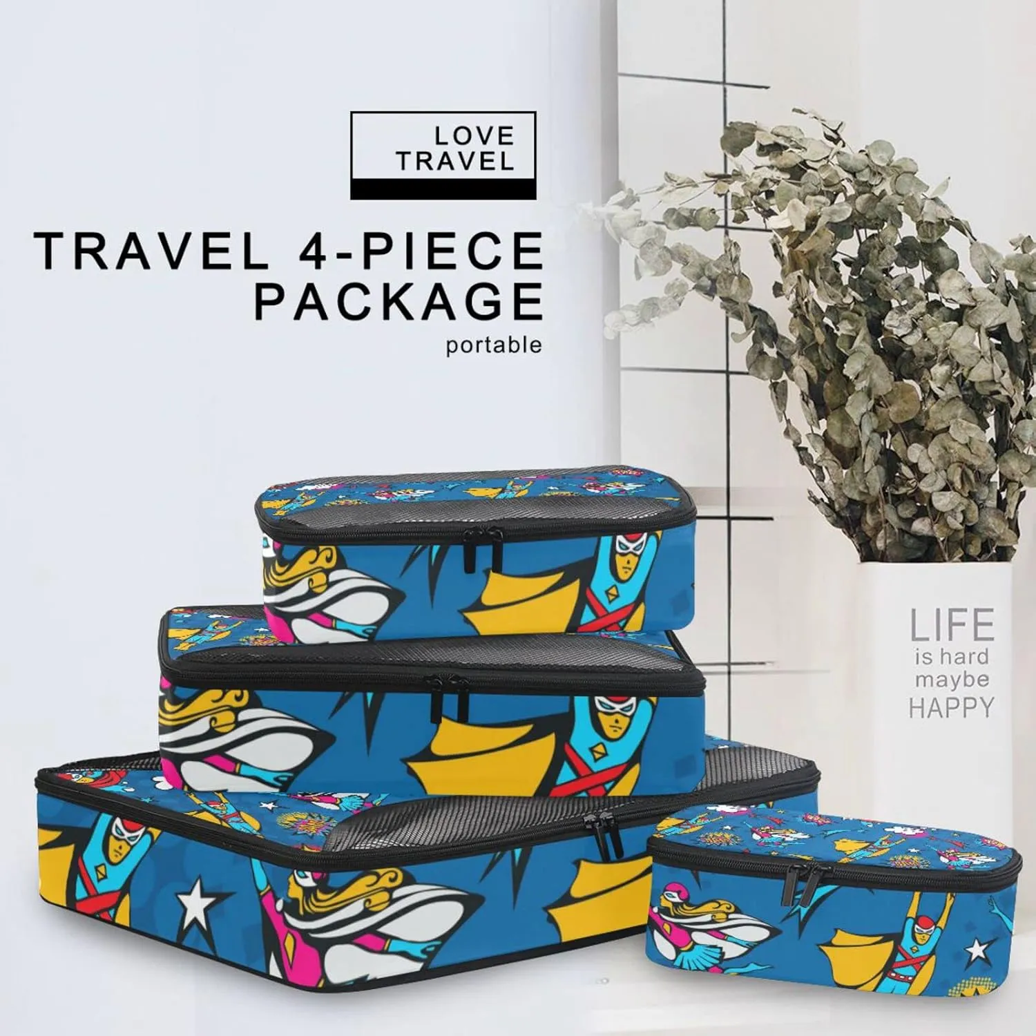 Flying Superheroes Speech Bubbles in Pop Art Comic Style on Blue 4 PCs Set Packing Bags, Luggage Organizer Bag, Portable Cube Toiletry bag, Durable Travel Cosmetic Storage Bag for Men Women