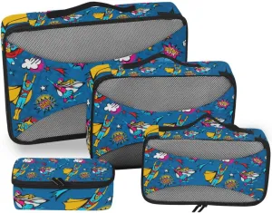 Flying Superheroes Speech Bubbles in Pop Art Comic Style on Blue 4 PCs Set Packing Bags, Luggage Organizer Bag, Portable Cube Toiletry bag, Durable Travel Cosmetic Storage Bag for Men Women