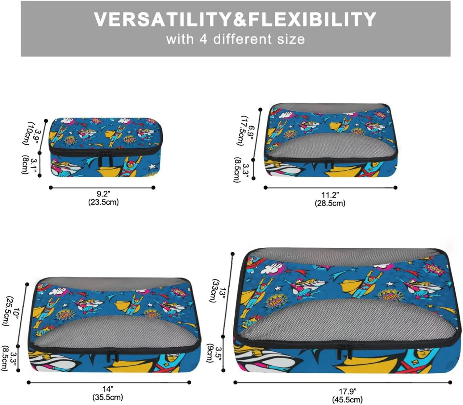 Flying Superheroes Speech Bubbles in Pop Art Comic Style on Blue 4 PCs Set Packing Bags, Luggage Organizer Bag, Portable Cube Toiletry bag, Durable Travel Cosmetic Storage Bag for Men Women