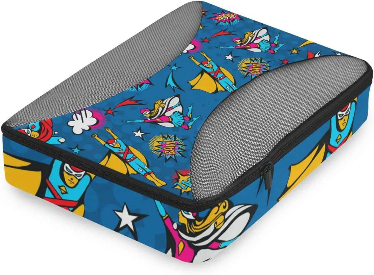 Flying Superheroes Speech Bubbles in Pop Art Comic Style on Blue 4 PCs Set Packing Bags, Luggage Organizer Bag, Portable Cube Toiletry bag, Durable Travel Cosmetic Storage Bag for Men Women