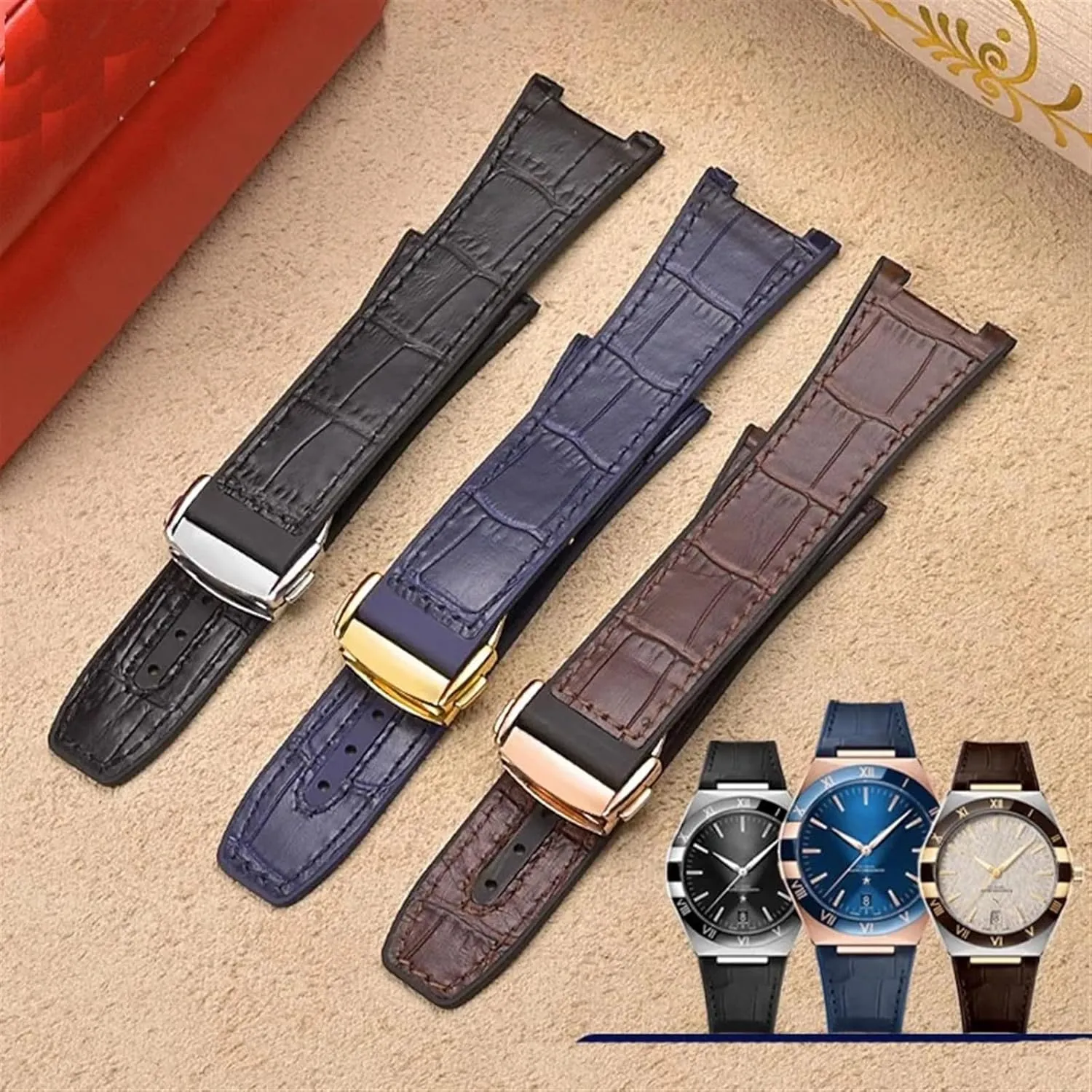 For Omega Constellation Double Eagle Series Watchband Manhattan Rubber Cowhide Male Observatory Strap Notch 25-14mm