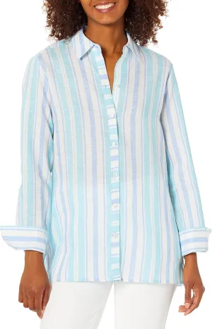 Foxcroft Women's Journey Long Sleeve Linen Blouse, Blue/White, 4