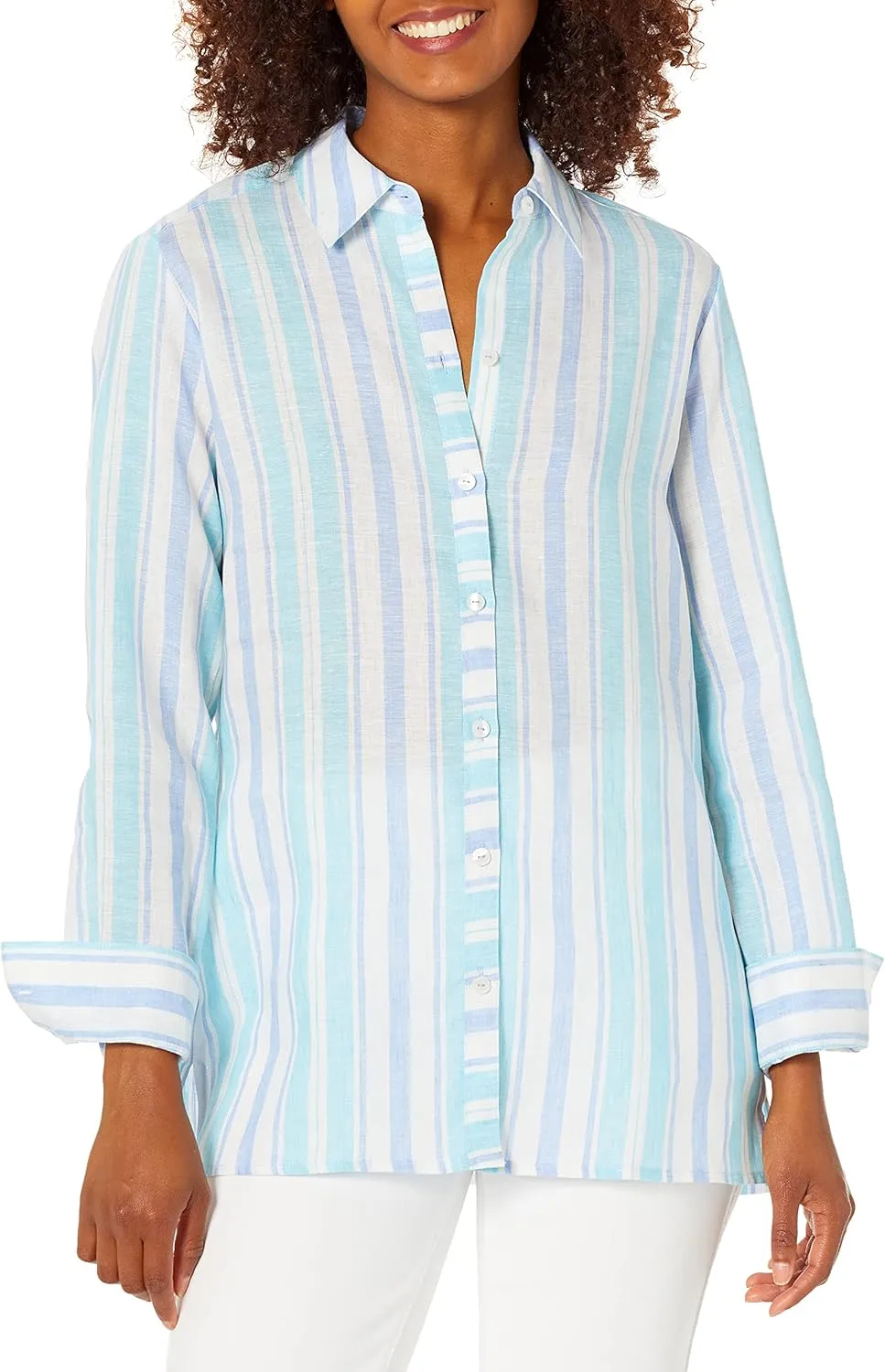 Foxcroft Women's Journey Long Sleeve Linen Blouse, Blue/White, 4