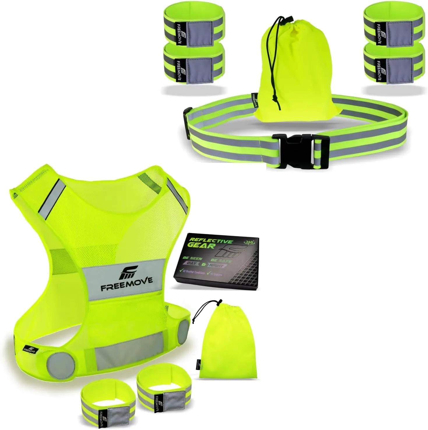 FREEMOVE Reflective Vest; size Small with 2x Bands & Carry Bag   Reflective Belt with 4X Bands & Carry Bag YELLOW