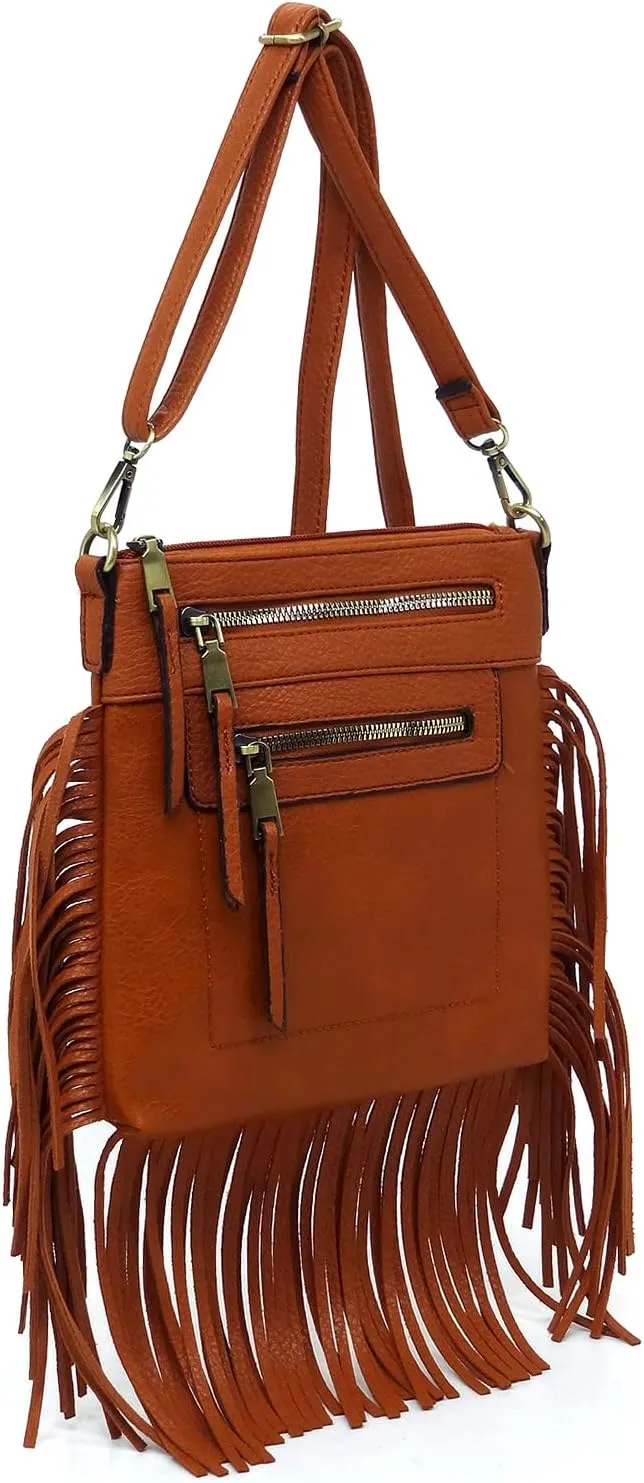 Fringe Tassel Cross Body Bag Vintage Shoulder Handbag Multi Zip Pocket Western Fringe Purse