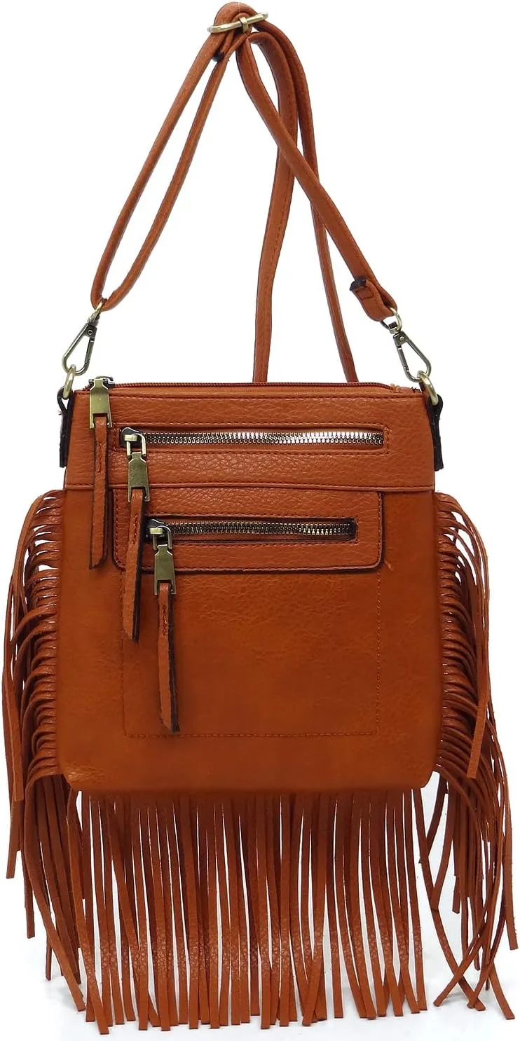 Fringe Tassel Cross Body Bag Vintage Shoulder Handbag Multi Zip Pocket Western Fringe Purse